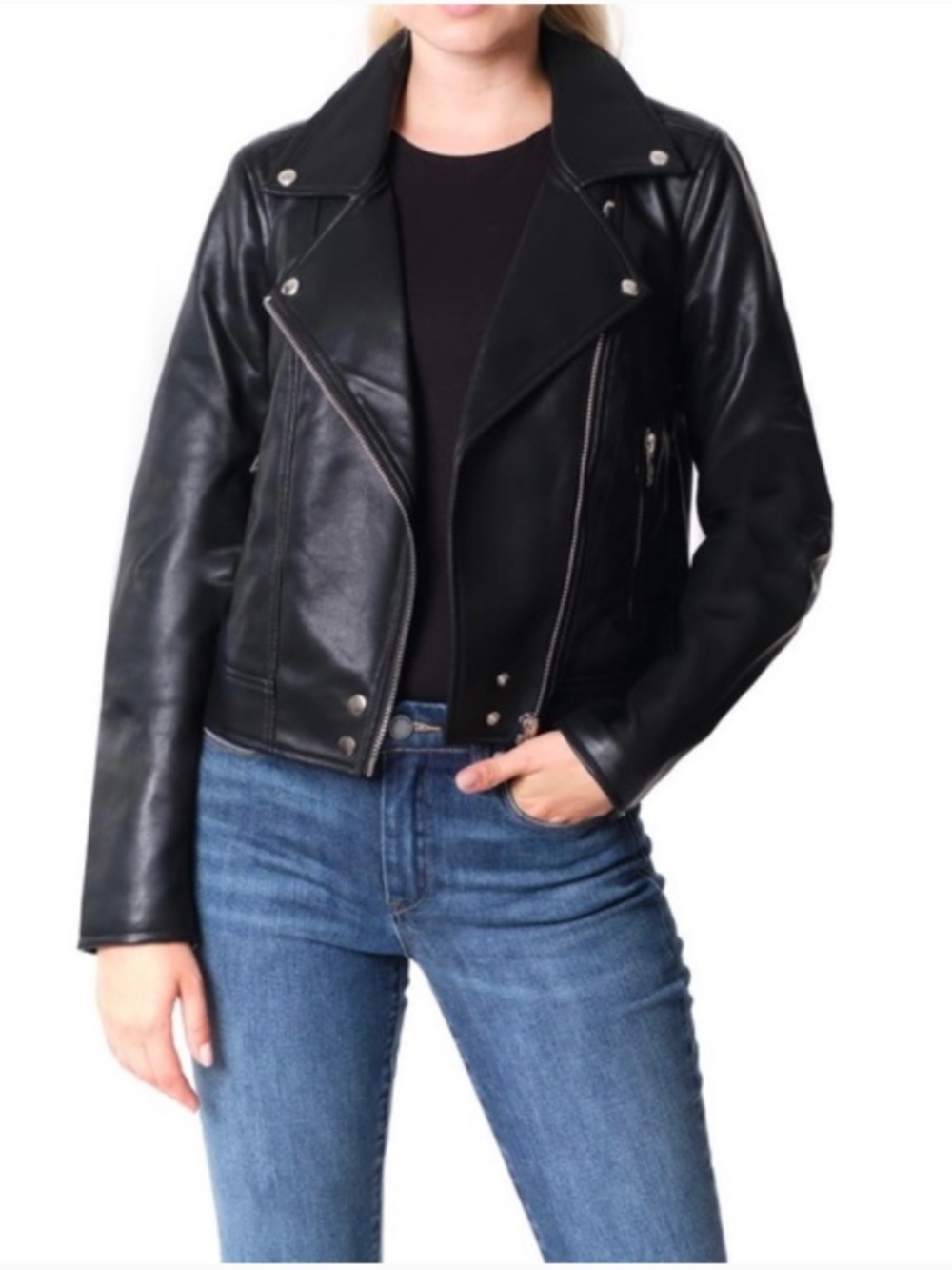 BLANK NYC Good Vibes Faux Leather Bikercore Moto Jacket Black Size Small